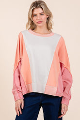 Mittoshop Mineral Wash Color Block Sweatshirt - Trendy Cotton Pullover